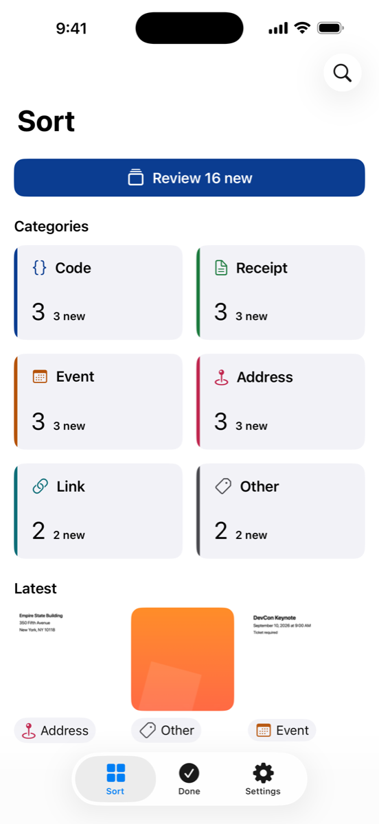The Ancile dashboard. Six category tiles — Code, Receipt, Event, Address, Link, Other — and a Review button.