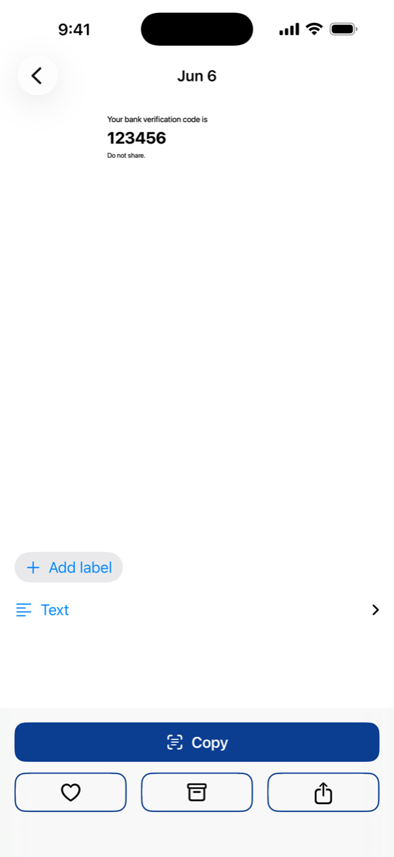 A screenshot with a bank verification code. A large Copy button sits below it.