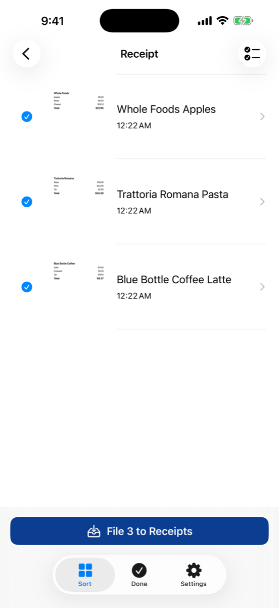The review queue. Three receipts are selected, with a button that files all three to the Receipts album.